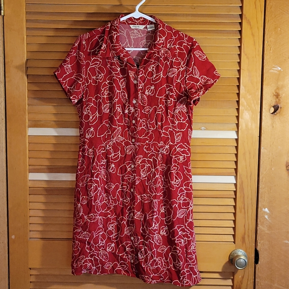 Red Rose Large Eddie Bauer Button Down Rayon Dress